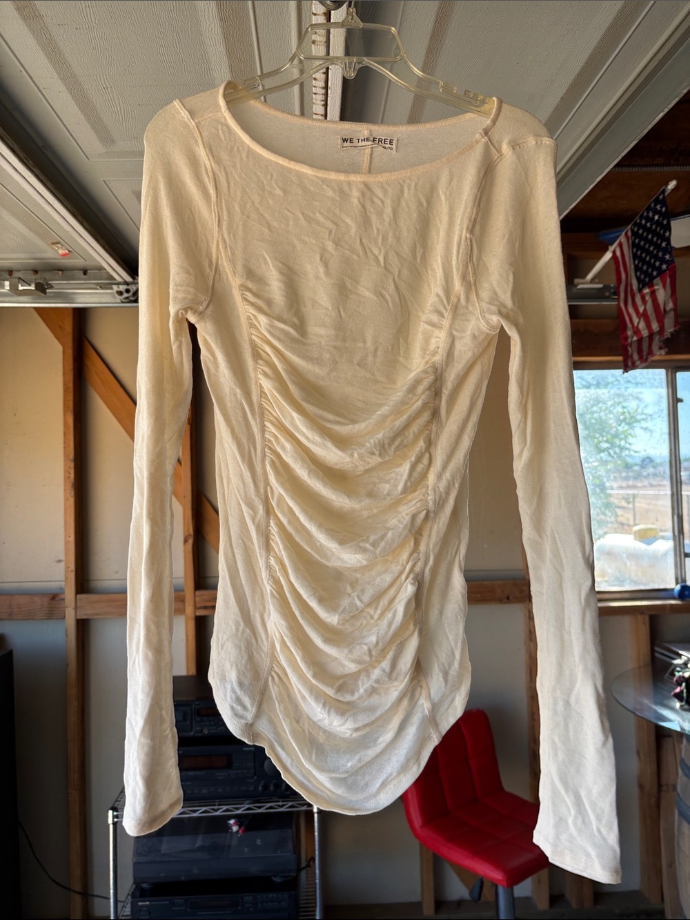 We The Free Cream Ruched Front Long Sleeve Scoop Top